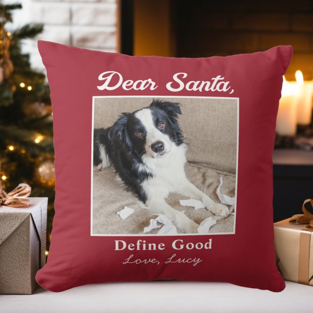 Grappige lieve kerstman huisdier hond kat kerst fo kussen (Funny Dear Santa Pet Dog Cat Christmas Photo Throw Pillow)