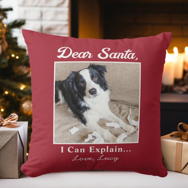 Grappige lieve kerstman kat kerst foto kussen (Funny Dear Santa Cat Christmas Photo Throw Pillow)