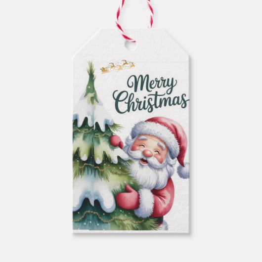 Grappige Lieve Kerstman met Boom en Typografie Cadeaulabel (Voorkant)
