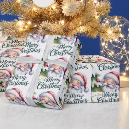 Grappige Lieve Kerstman met Boom en Typografie Cadeaupapier