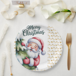 Grappige Lieve Kerstman met Boom en Typografie Papieren Bordje