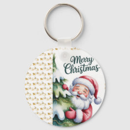 Grappige Lieve Kerstman met Boom en Typografie Sleutelhanger