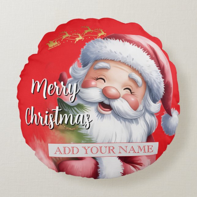 Grappige Lieve Kerstman & Typografie Rond Kussen (Voorkant)