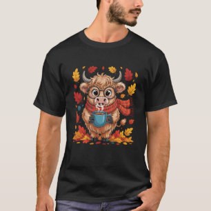 Grappige Lieve Knusse Hoogland Koe Herfstbladeren T-shirt