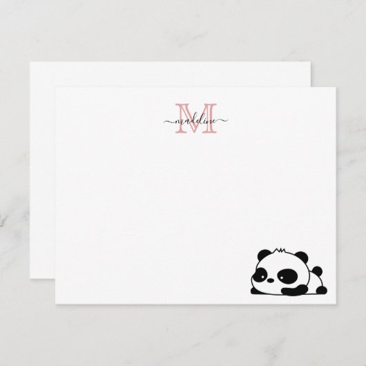 Grappige liggende panda script roze moderne monogr notitiekaartje (Voorkant / Achterkant)