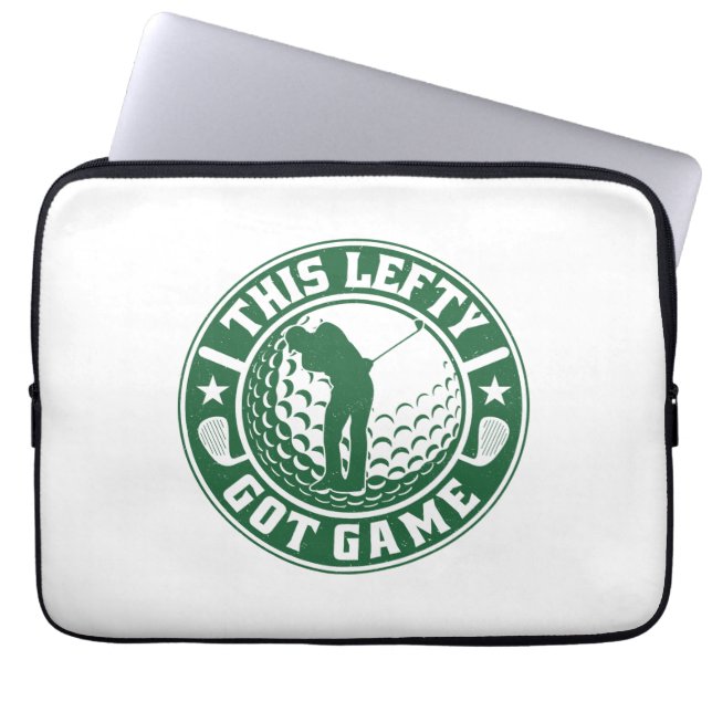 Grappige linkshandige golfspeler laptop sleeve (Voorkant)