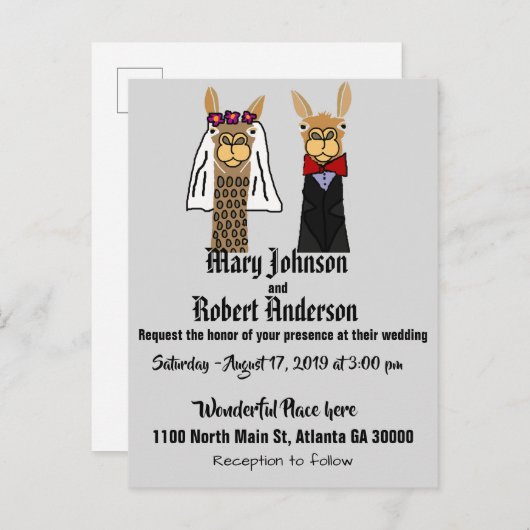 Grappige Llama bruid en bruidegom bruiloft uitnodi Uitnodiging Briefkaart (Voorkant / Achterkant)