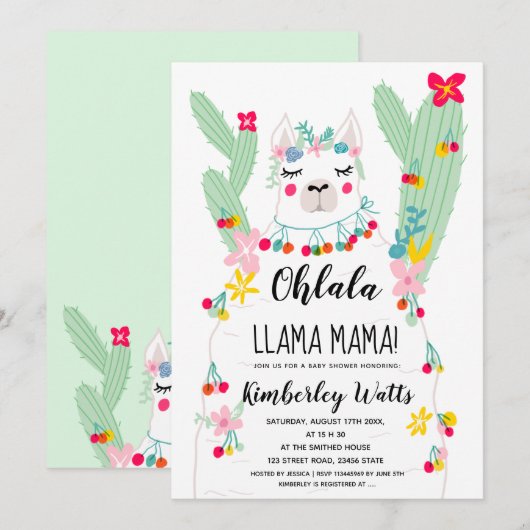 Grappige llama cactus illustratie fiesta baby show kaart (Voorkant / Achterkant)