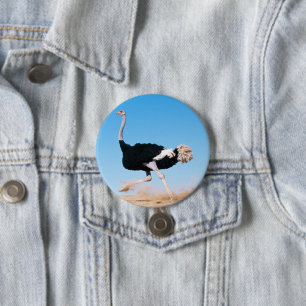 Grappige lopende struisvogel foto pin-back ronde button 7,6 cm