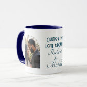 Grappige Love Quote Custom Foto en Namen Blauw Mok (Voorkant links)