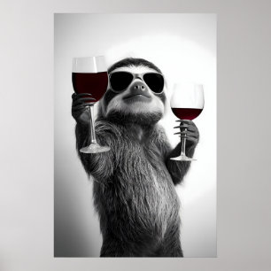 Grappige Luiaard Drinkt Wijn Kunstprint Thuisbar Poster