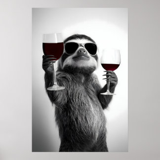 Grappige Luiaard Drinkt Wijn Kunstprint Thuisbar Poster
