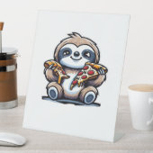 Grappige luiaard eten Pizza, Kawaii Dierenvriend O Reclamebord Met Voetstuk (Insitu)