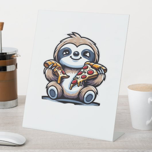 Grappige luiaard eten Pizza, Kawaii Dierenvriend O Reclamebord Met Voetstuk (Insitu)