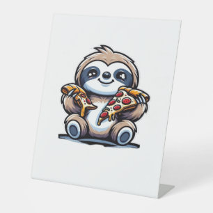 Grappige luiaard eten Pizza, Kawaii Dierenvriend O Reclamebord Met Voetstuk
