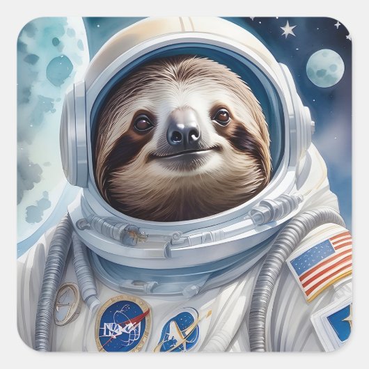 Grappige luiaard in astronautenpak in de ruimte vierkante sticker (Voorkant)