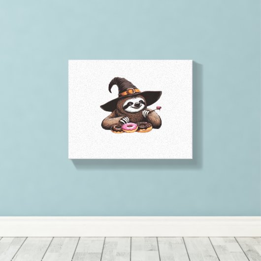 Grappige luiaard in heks Pet genieten van donuts - Canvas Afdruk (Insitu (Houten vloer))