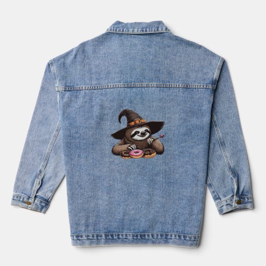 Grappige luiaard in heks Pet genieten van donuts - Denim Jacket (Achterkant)