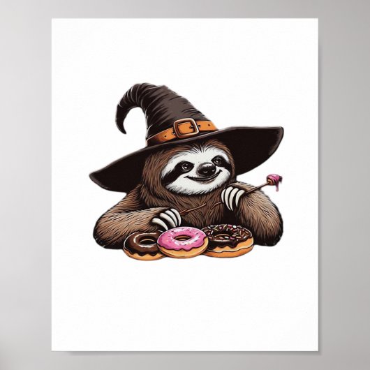 Grappige luiaard in heks Pet genieten van donuts - Poster (Voorkant)