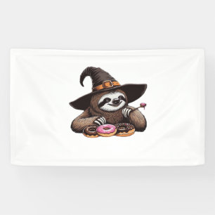 Grappige luiaard in heks Pet genieten van donuts - Spandoek