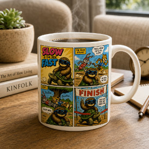 Grappige luiaard rijdt op schildpad en wint de kom koffiemok