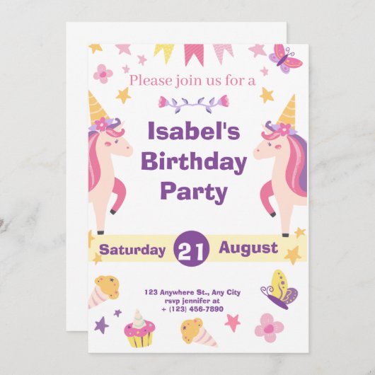 Grappige Magische Eenhoorn Verjaardag Uitnodiging (Voorkant / Achterkant)