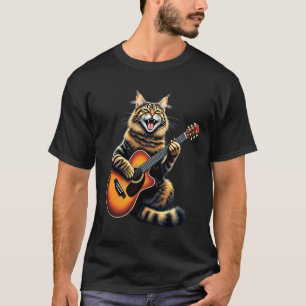 Grappige Maine Coon Kat die Gitaar Speelt Ontwerp T-shirt
