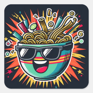 Grappige Malle Noedel Cartoon Ramen Kom Vierkante Sticker