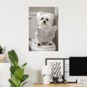 Grappige Maltese Hond Badkamer Print, Kranten Kuns Poster (Thuiskantoor)