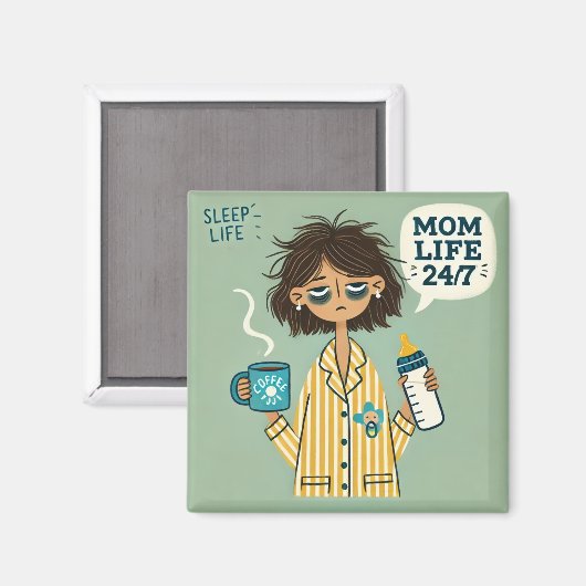 Grappige mama magneet - "Mom Life 24/7" - Uitgeput (Voorkant / Achterkant)