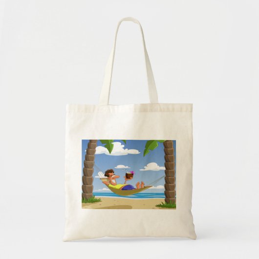 Grappige man die ontspant in een strandhangmat tote bag (Voorkant)