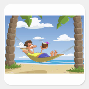 Grappige man die ontspant in een strandhangmat vierkante sticker
