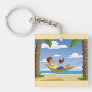 Grappige Man Ontspant in Strand Hangmat Sleutelhanger
