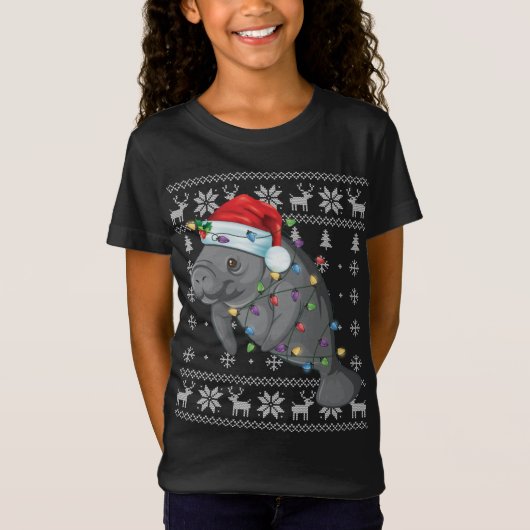 Grappige Manatee in Santa Hat Lelijke Kerstmis Pyj T-shirt (Voorkant)