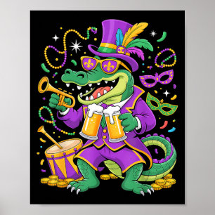 Grappige Mardi Gras Alligator Drinkende Kralen Man Poster