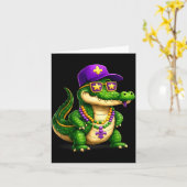 Grappige Mardi Gras Alligator Kralen Carnaval Vier Kaart (Gele Bloem)