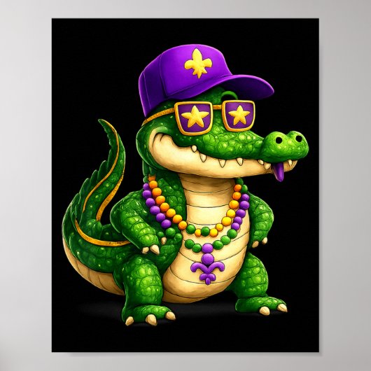 Grappige Mardi Gras Alligator Kralen Carnaval Vier Poster (Voorkant)