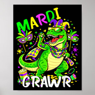Grappige Mardi Grawr T-rex Dino Retro Mardi Gras D Poster