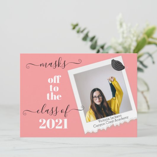 Grappige maskers van Afstuderen foto uitnodiging (Staand voorkant)