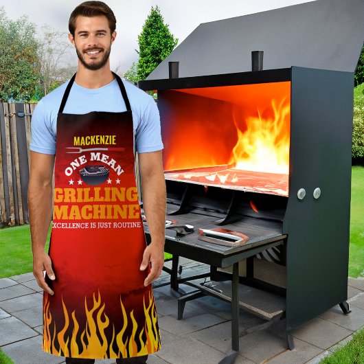 Grappige Mean Grilling Machine met Naam en Vlam Schort