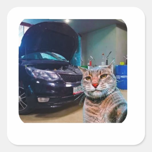 Grappige Mechanische Kat in Garage Sticker (Voorkant)