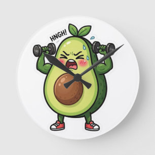 Grappige Mediterende Avocado die Gewichten Lifting Ronde Klok