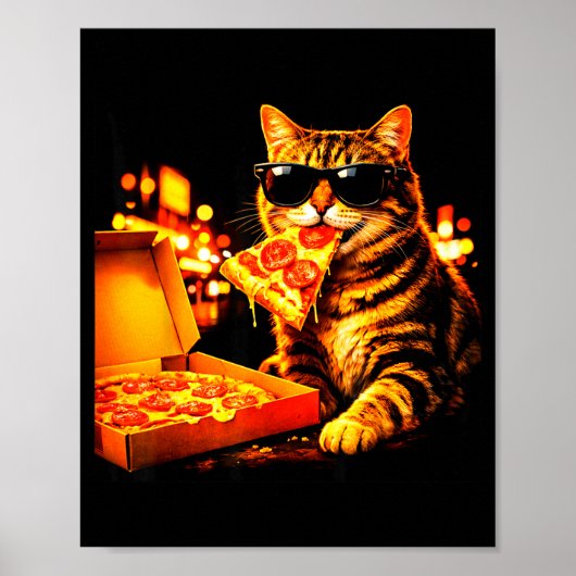 Grappige meme kat meme met zonnebril eet pizza poster (Voorkant)