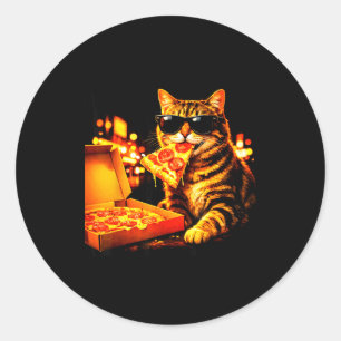 Grappige meme kat meme met zonnebril eet pizza ronde sticker