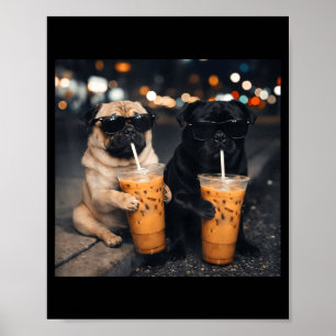 Grappige meme twee pugs die ijskoude koffie drinke poster