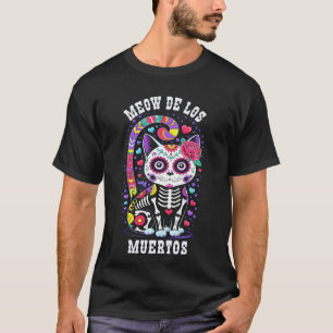 Grappige Meow De Los Muertos Dia Kat Skelet Mexica T-shirt