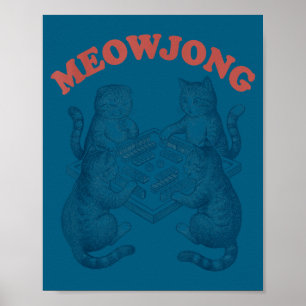 Grappige meowjong kat speelt mahjong retro poster