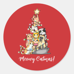 Grappige Meowy Catmas Katten Kerstboom Ronde Sticker