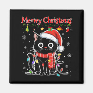 Grappige Meowy Kerst Zwarte Kat Xmas Lights Pyjama Magneet