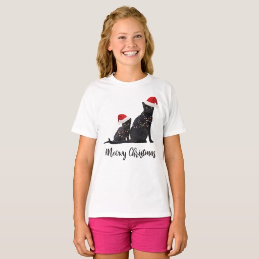 Grappige Meowy Kerst Zwarte Katten Santa Hat T-shirt (Voorkant volledig)